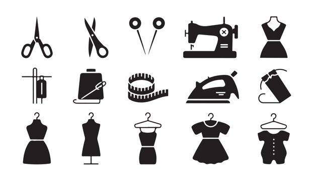 Professional tailoring equipment icon set for dressmaking sewing and fashion garment work.