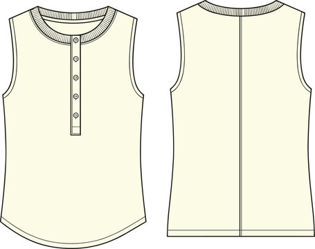 Women Sleeveless Henley Top Technical Flat Sketch with Button Placket Vector Template