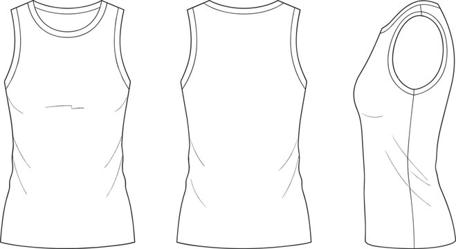 Ribbed Tank Top Vector Technical Flat Sketch Template with Multi Angle Views for Apparel Mockup