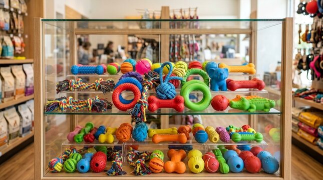 Assorted colorful rubber and rope dog toys displayed on glass shelves in a modern pet store