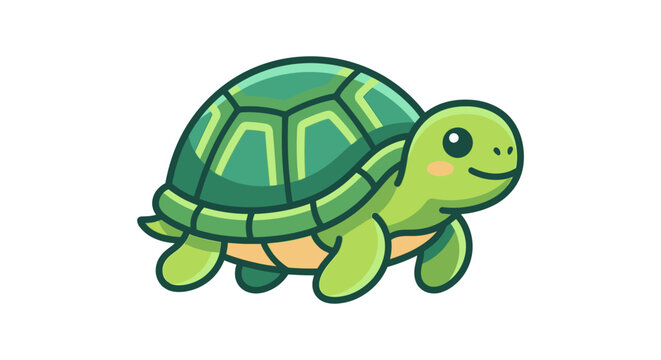 Smiling green cartoon turtle character.