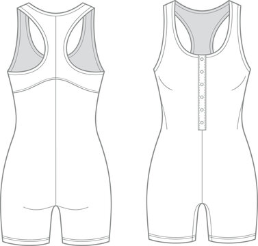 Women activewear bodysuits technical sketch fashion flat template of racerback romper with button detail