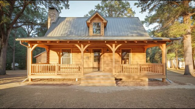 Cozy wooden cabin porch with steps, rustic front porch, forest pine trees and warm sunlight