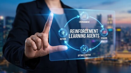 Obraz premium AI Reinforcement Learning Agents Cycle Explained with Futuristic Interface