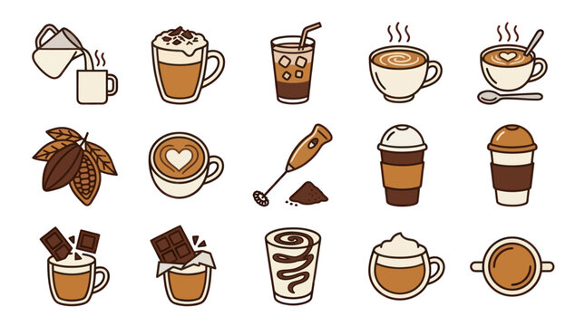 Variety of coffee drinks and desserts.