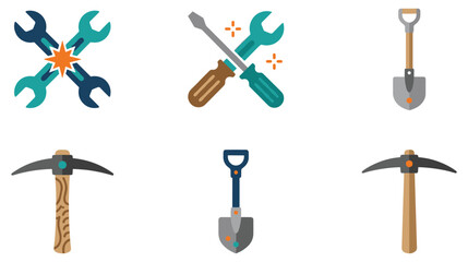 Set of work tools including wrenches screwdrivers and shovels for construction or repair. © jubayer71