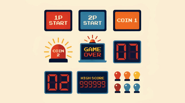 Vintage Arcade Game Icons: 1P Start, 2P Start, Coin Insert, Game Over Screen, Score Displays, and Light Bulbs, Flat Vector Illustration