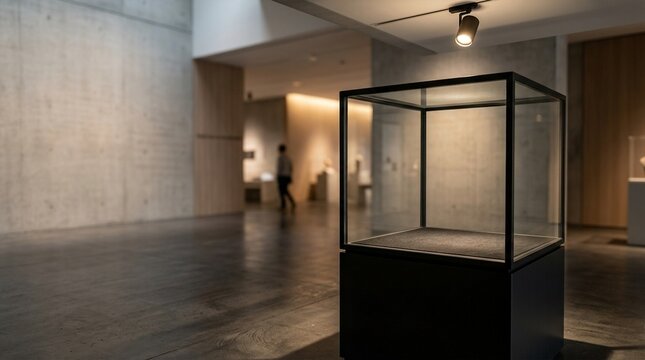 Empty glass display case in a modern minimalist museum hall with concrete walls and wooden accents