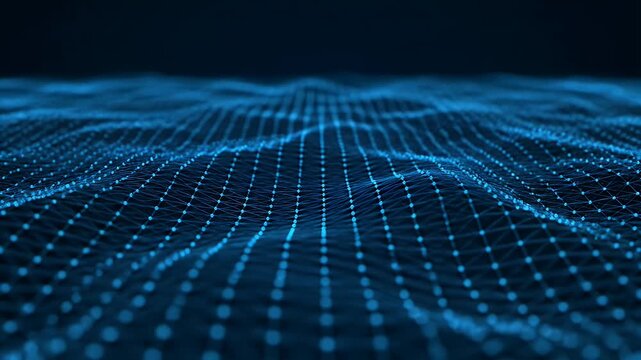 Abstract blue digital wave background with glowing dots and wireframe mesh lines