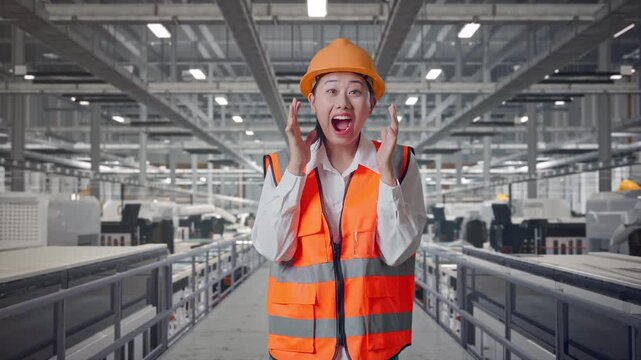 Asian Female Engineer With Safety Helmet Smiling To Camera And Saying Wow While Standing at Solar Panel Factory with Automated Robotic Assembly Line