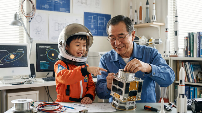 Happy Asian boy in astronaut suit learning space engineering from his father.