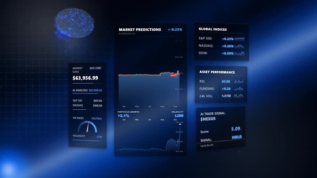 Wide cinematic high-angle orbit showcasing a corporate fintech dashboard featuring a analytical blue institutional trading platform inside a layered 3D interface displaying English metrics.