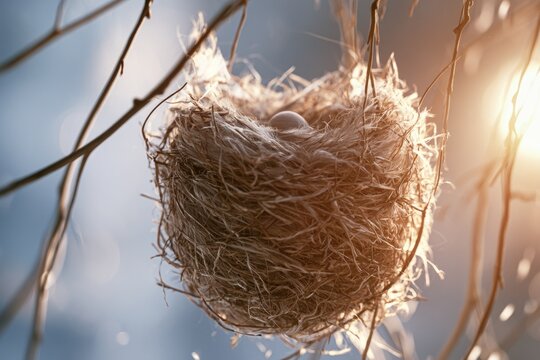 Intricate Woven Nest Suspended Between Branches with Soft Light Illuminating the Surroundings