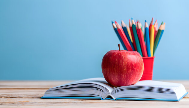 An open book, with a red apple resting on it, sits beside a holder containing colored pencils. Against a blue backdrop, this scene forms part of an educational concept, featuring various school suppli