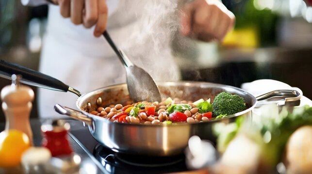 Chef stirs a colorful vegetable and bean dish in a steaming pan on the stove.