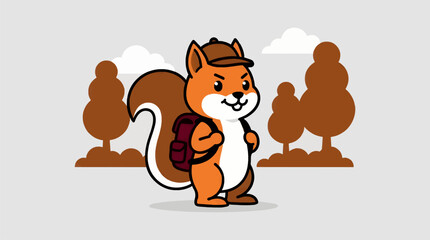 Fototapeta premium Flat Vector Illustration of an Anthropomorphic Squirrel Wearing a Cap and Backpack, Standing in a Stylized Forest Scene with Clouds and Trees, Energetic and Playful Character Design