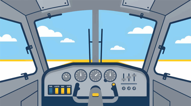 Flat Vector Illustration of Airplane Cockpit Interior with Yoke, Gauges, and Control Panel, View Through Windshield at Blue Sky with Clouds and Horizon Line, Graphic Design Element