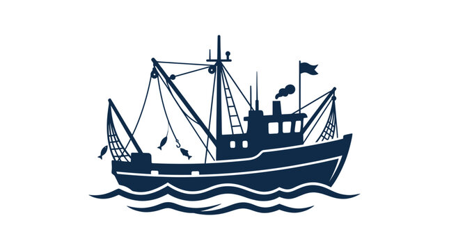 Fishing boat silhouette on blue waves, maritime industry, ocean fishing, seafood catch