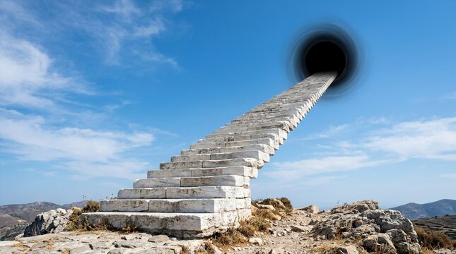 Stairway to heaven concept with stone stairs leading into a mysterious black hole portal in a bright blue sky