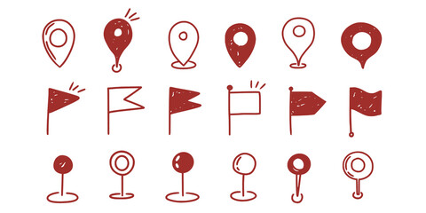 Doodle location pin. Sketch local icons. Hand drawn pencil address coordinate symbols, chalk digital map pinpoint, GPS tag, place marker, journey point. © Icon