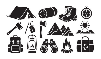 Camping and hiking equipment icons featuring tent mountain gear and outdoor adventure sets. © MD.RAHIM