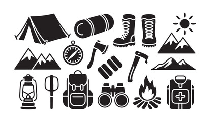 Collection of camping and hiking gear icons with tent mountain landscape and tools design. © MD.RAHIM