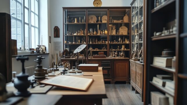 Historic scientific laboratory features wooden cabinets filled with antique artifacts and research equipment.