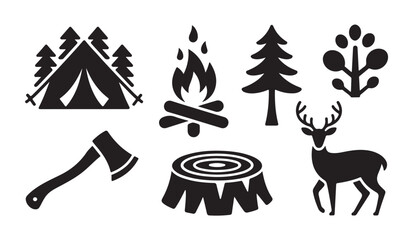 Set of adventure camping themed silhouette icons featuring trees tent deer and wood stumps. © MD.RAHIM
