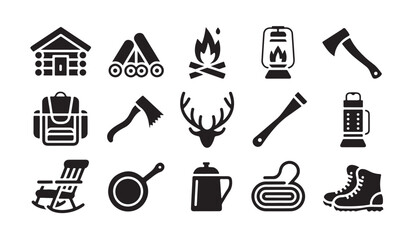 Camping vector icons set. collection of outdoor and adventure themed symbols in black. © MD.RAHIM