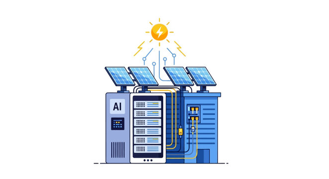 Renewable solar green energy Solar powered server, AI data center, eco friendly technology, renewable energy system isolated on White Background eps