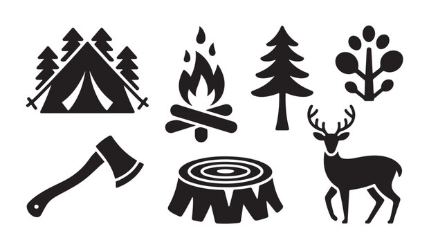 Set of adventure camping themed silhouette icons featuring trees tent deer and wood stumps.