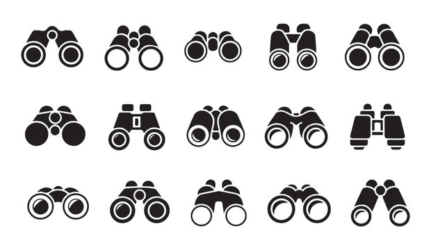 Set of binoculars silhouette icons for outdoor observation birdwatching and hiking gear.