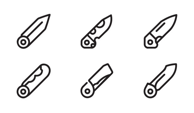 Collection of folding pocket knife icon designs in outline style for camping and hiking.