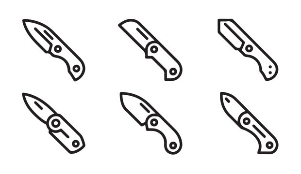 Folding pocket knife outline icons set for everyday carry and utility outdoor activities.