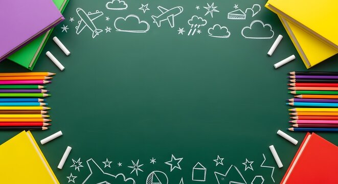 Green chalkboard with colorful pencils and books and handdrawn doodles
