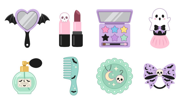 Heart Hand Mirror with Bat Wings and Makeup Brush Grid Asset Sheet for Cute Girly Halloween Vanity Graphics