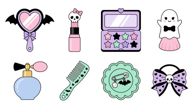 Heart Hand Mirror with Bat Wings and Makeup Brush Grid Asset Sheet for Cute Girly Halloween Vanity Graphics