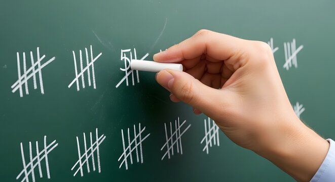Hand writing tally marks on a green chalkboard
