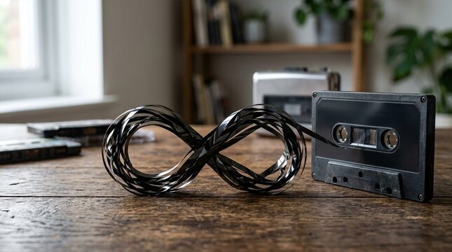 Vintage audio cassette tape with magnetic tape unspooled into an infinity shape on a rustic wooden table