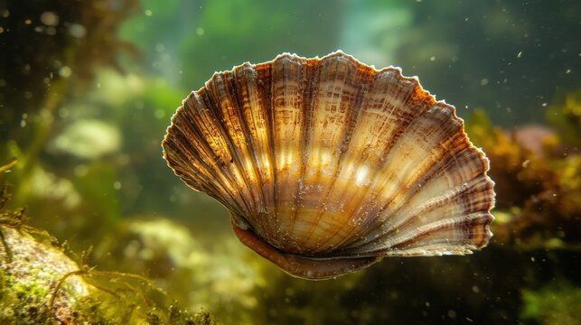 Scallop shell rests on the seafloor amidst underwater vegetation.