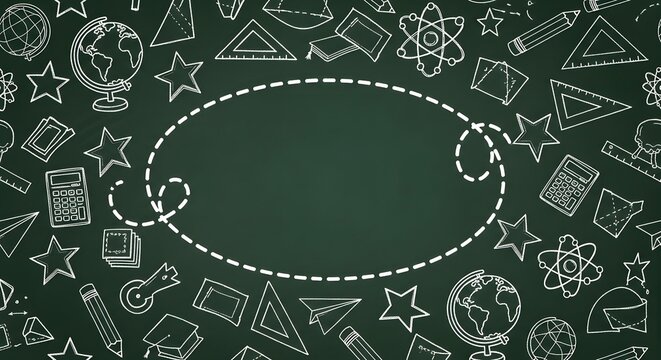 Seamless pattern with handdrawn school and education icons on a green chalkboard background with copy space