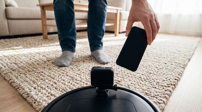 Man using smartphone for home cleaning robot control