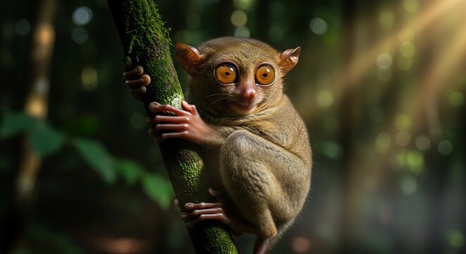 Tarsier with large eyes clinging to branch in forest