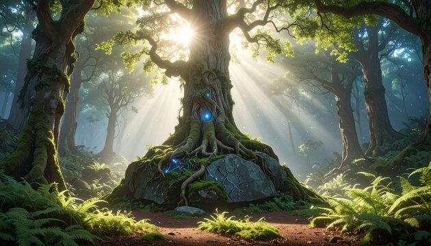 Ancient Forest Tree with Sunbeams.