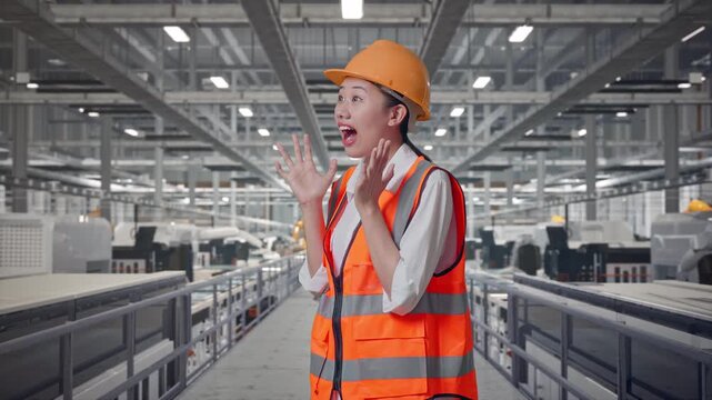 Side View Of Asian Female Engineer With Safety Helmet Smiling To Camera And Saying Wow While Standing at Solar Panel Factory with Automated Robotic Assembly Line