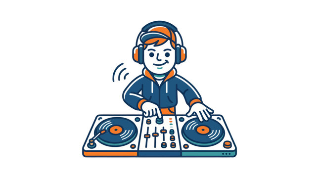 Cartoon man wearing headphones DJing music.