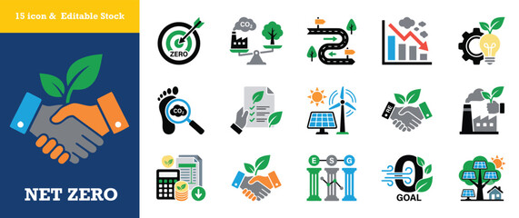 Fifteen flat style net zero icons depicting climate action and environmental partnership. © jubayer95