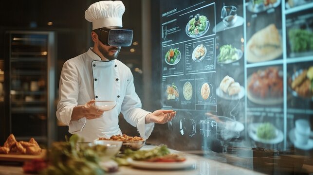 Chef uses augmented reality headset to view culinary creations and ingredients.