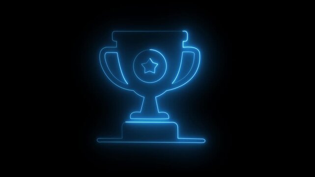 Glowing neon trophy animation, light winner cup symbol for success and achievement on Black Screen
