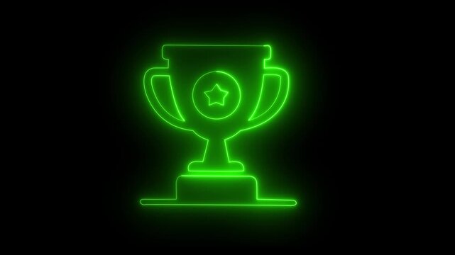Glowing neon trophy animation, light winner cup symbol for success and achievement on Black Screen